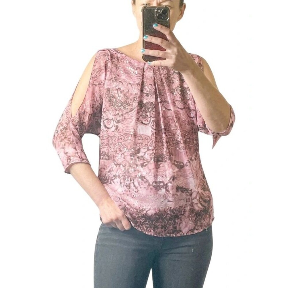 Jennifer Lopez Cold-shoulder, semi-sheer overlay blouse sequined top
